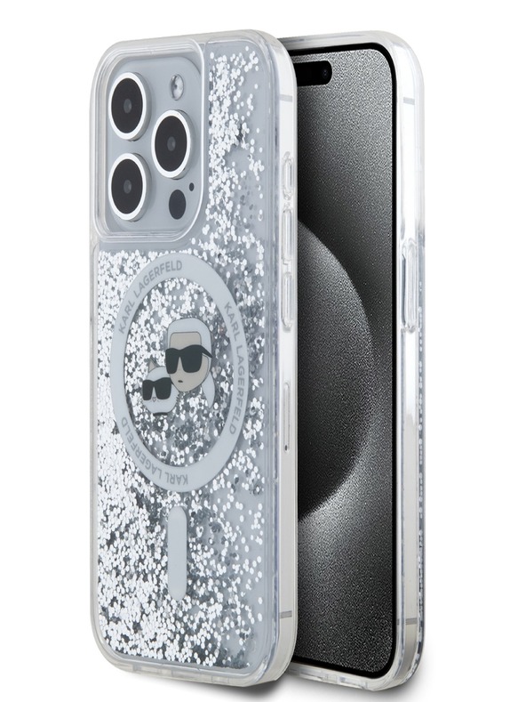 Karl Lagerfeld Karl Lagerfeld Liquid Glitter Karl und Choupette Köpfe MagSafe Back Cover für iPhone 15 Pro Transparent