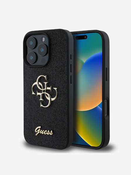 Guess Guess PU Fixed Glitter 4G Metall Logo Back Cover für iPhone 16 Pro Max Schwarz