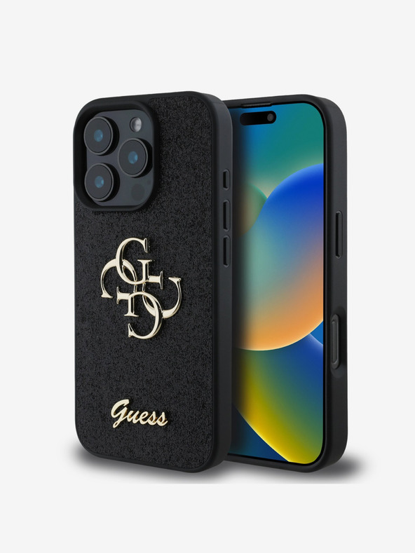 Guess Guess PU Fixed Glitter 4G Metall Logo Back Cover für iPhone 16 Pro Max Schwarz