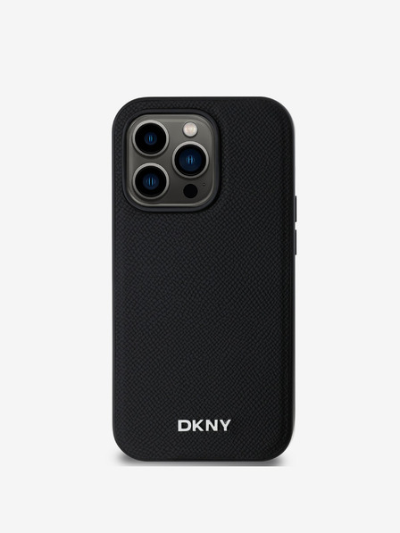 DKNY PU Leder Silber Metall Logo Magsafe Back Cover für iPhone 14 Pro Max Schwarz DKNY