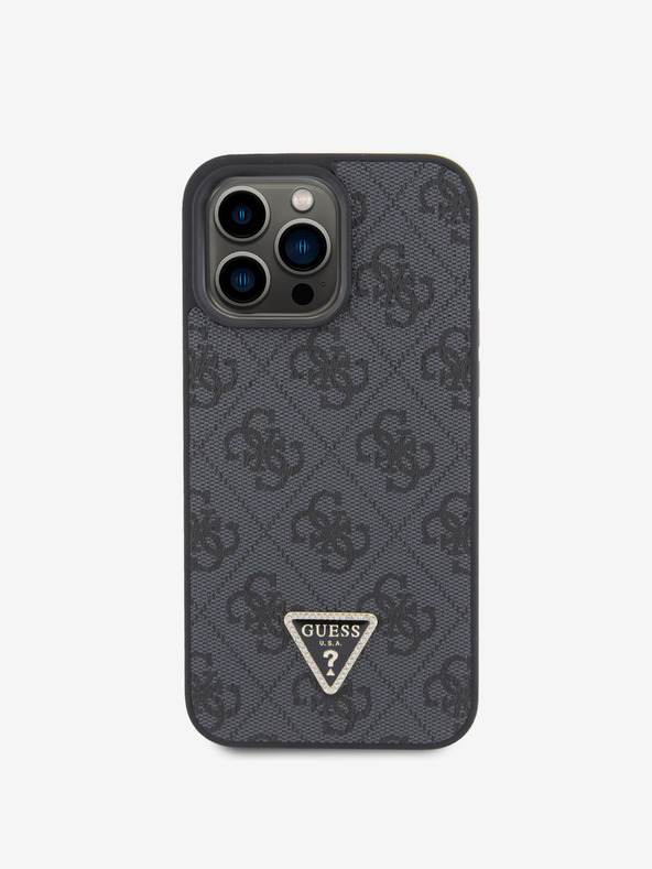 Guess PU 4G Strass Triangle Metal Logo Back Cover for iPhone 15 Pro Max Black Phone Case