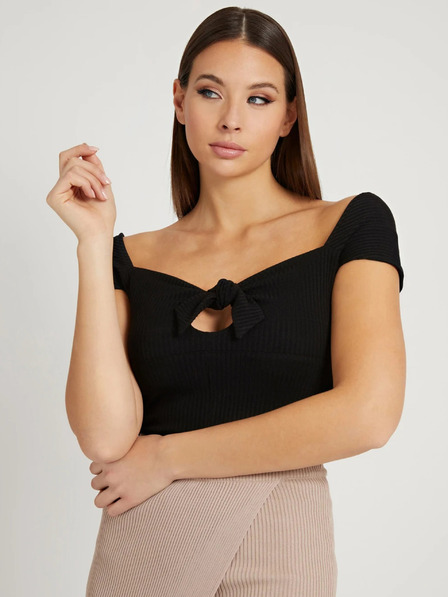 Guess Schwarzes geripptes T-Shirt mit Schleife Guess Valeriana