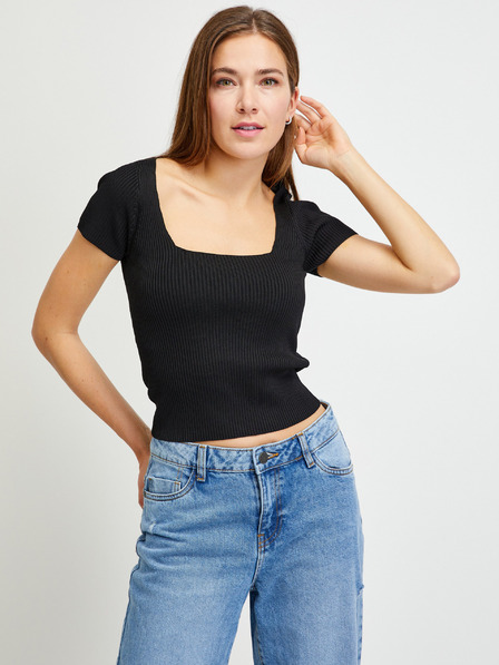 Guess Schwarzes geripptes Damen-Cropped-Shirt Guess