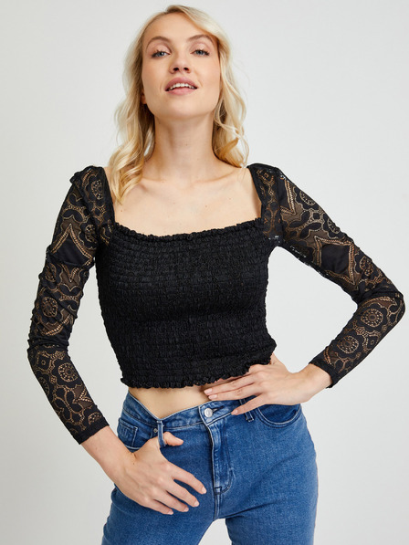Guess Schwarzes Damen-Top mit Spitzenärmeln Guess