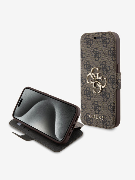 Guess Guess PU-Leder 4G Metall-Logo Book Case für iPhone 15 Pro Max Braun