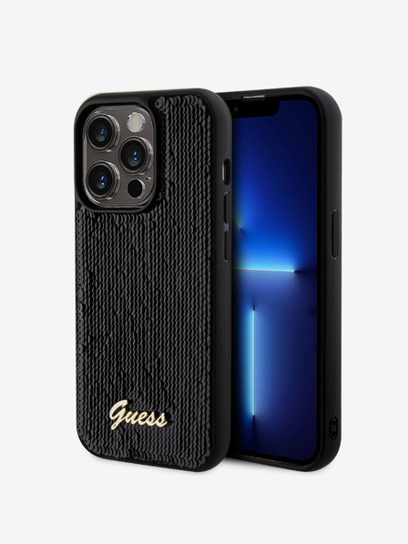 Guess Guess Pailletten-Skript-Logo-Rückseite für iPhone 14 Pro Schwarz