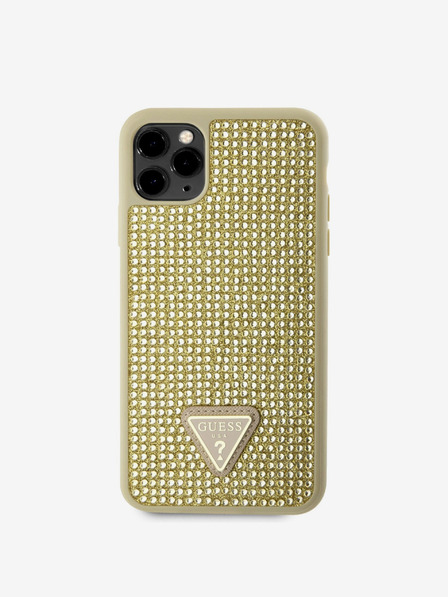 Guess Guess Strasssteinchen Dreieck Metall Logo Hülle für iPhone 11 Pro Max Gold