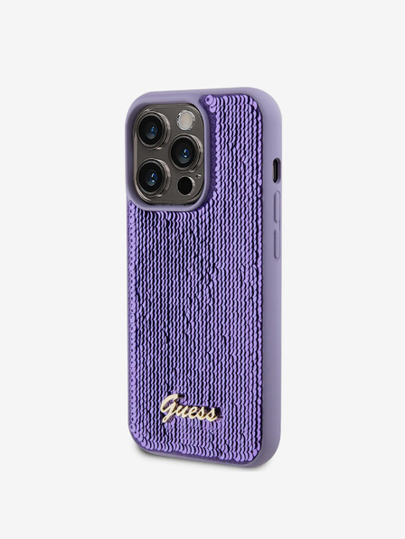 Guess Guess Pailletten-Skript-Logo-Rückseite für iPhone 15 Pro Max Violett