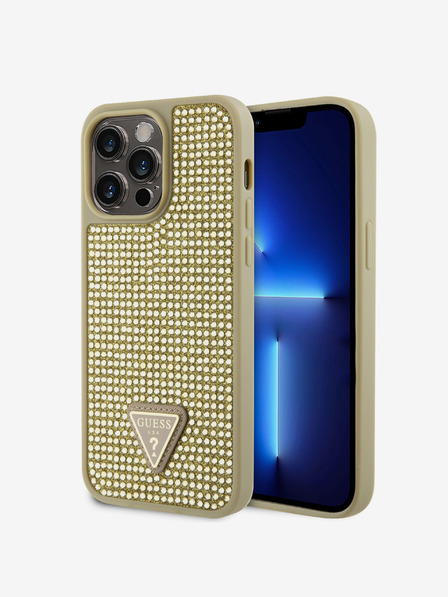 Guess Guess Strasssteinchen Dreieck Metall Logo Hülle für iPhone 15 Pro Max Gold