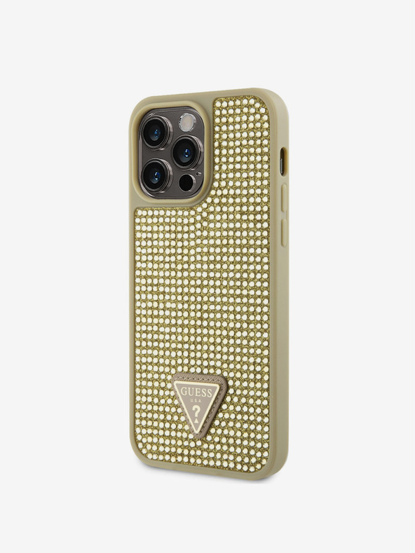 Guess Guess Strasssteinchen Dreieck Metall Logo Hülle für iPhone 15 Pro Max Gold