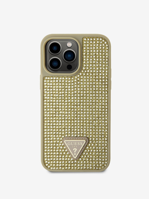 Guess Guess Strasssteinchen Dreieck Metall Logo Hülle für iPhone 15 Pro Max Gold