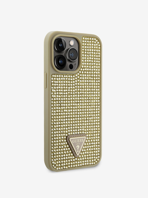 Guess Guess Strasssteinchen Dreieck Metall Logo Hülle für iPhone 15 Pro Max Gold
