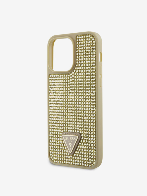 Guess Guess Strasssteinchen Dreieck Metall Logo Hülle für iPhone 15 Pro Max Gold