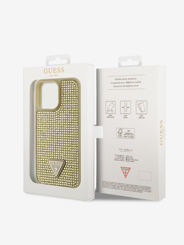 Guess Guess Strasssteinchen Dreieck Metall Logo Hülle für iPhone 15 Pro Max Gold