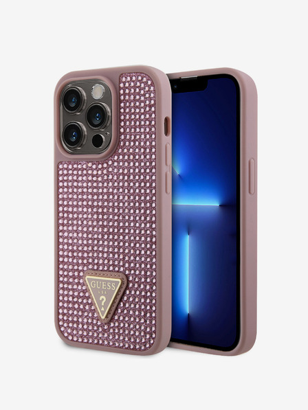 Guess Guess Dreieckige Metall-Logo-Hülle mit Strasssteinen für iPhone 15 Pro Rosa
