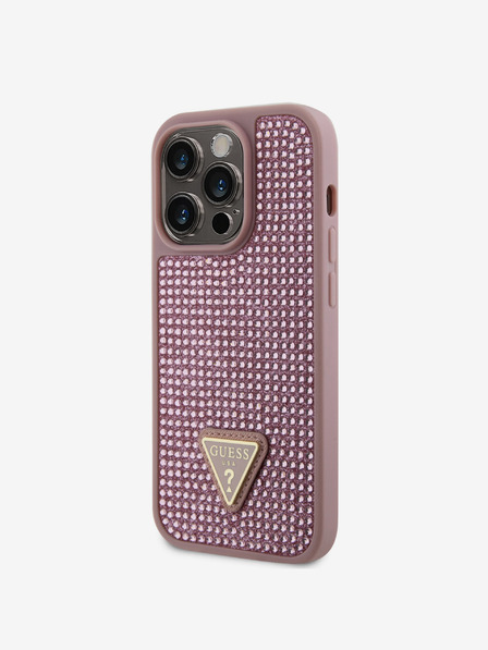 Guess Guess Dreieckige Metall-Logo-Hülle mit Strasssteinen für iPhone 15 Pro Rosa