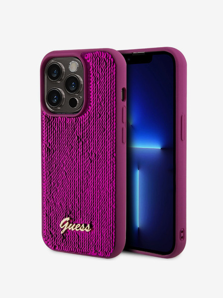 Guess Guess Pailletten-Skript-Logo-Rückseite für iPhone 14 Pro Max Magenta