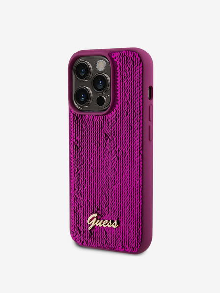 Guess Guess Pailletten-Skript-Logo-Rückseite für iPhone 14 Pro Max Magenta