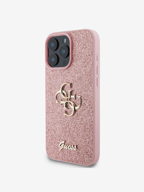 Guess Guess PU Fixed Glitter 4G Metall Logo Back Cover für iPhone 16 Pro Pink
