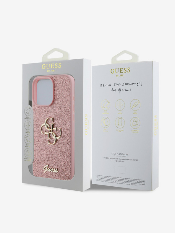 Guess Guess PU Fixed Glitter 4G Metall Logo Back Cover für iPhone 16 Pro Pink