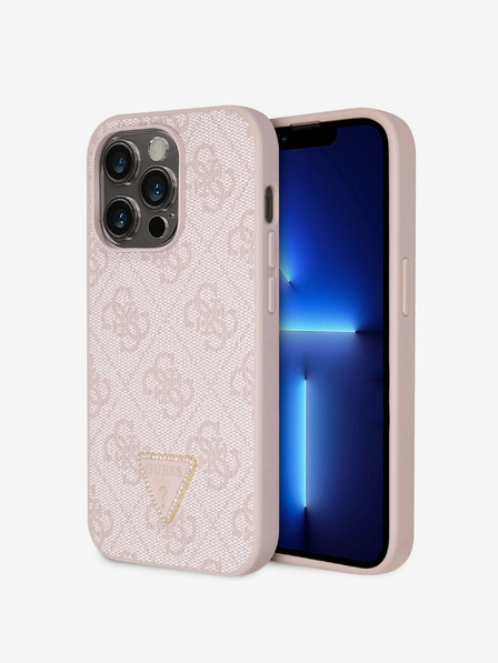 Guess PU 4G Strass Triangle Metal Logo Rückseite Hülle für iPhone 15 Pro Pink Handyhülle