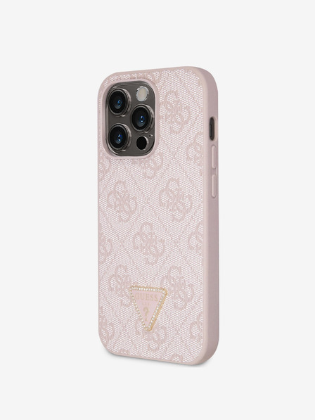 Guess PU 4G Strass Triangle Metal Logo Rückseite Hülle für iPhone 15 Pro Pink Handyhülle