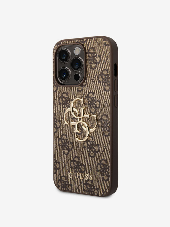 Guess PU 4G Metal Logo Rückseite Hülle für iPhone 15 Pro Max Braun Handyhülle