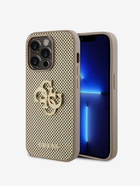 Guess Guess PU Perforated 4G Glitter Metal Logo Back Cover für iPhone 15 Pro Gold