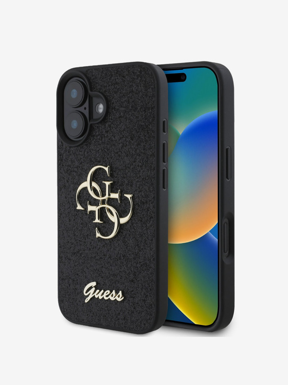 Guess Guess PU Fixed Glitter 4G Metall Logo Back Cover für iPhone 16 Plus Schwarz