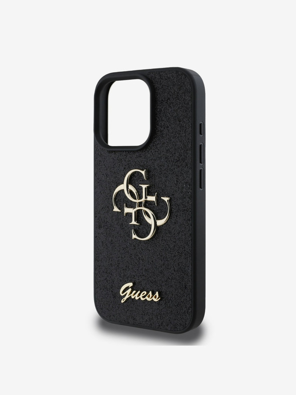Guess Guess PU Fixed Glitter 4G Metall Logo Back Cover für iPhone 16 Pro Schwarz