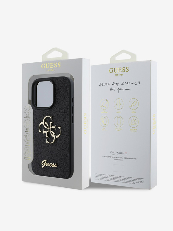 Guess Guess PU Fixed Glitter 4G Metall Logo Back Cover für iPhone 16 Pro Schwarz