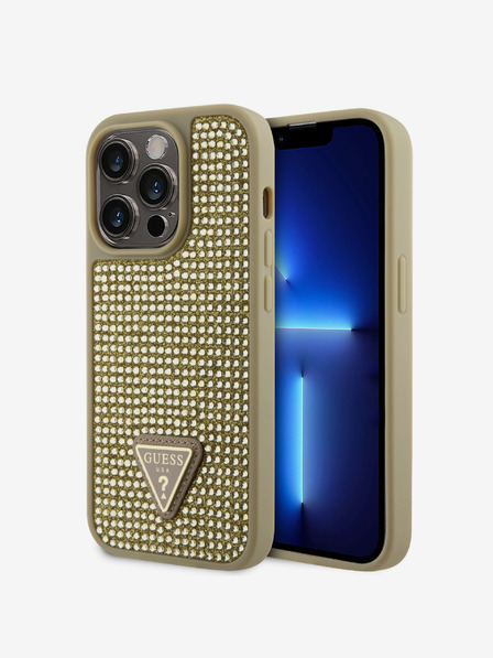 Guess Guess Strasssteinchen Dreieck Metall Logo Hülle für iPhone 15 Pro Gold