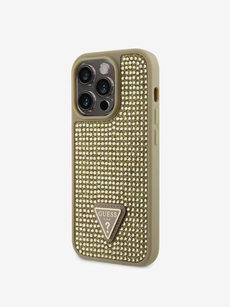 Guess Guess Strasssteinchen Dreieck Metall Logo Hülle für iPhone 15 Pro Gold