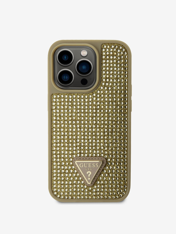 Guess Guess Strasssteinchen Dreieck Metall Logo Hülle für iPhone 15 Pro Gold