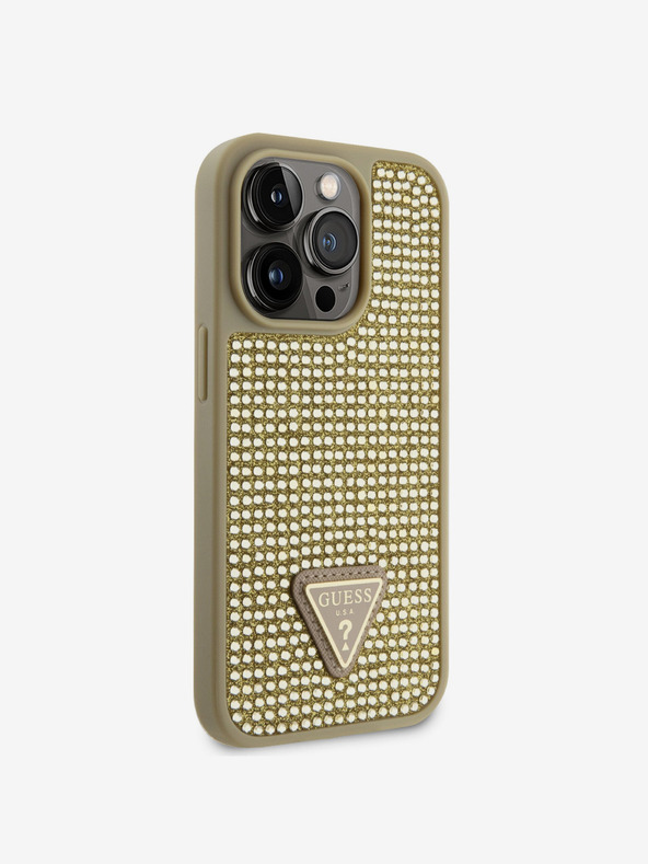 Guess Guess Strasssteinchen Dreieck Metall Logo Hülle für iPhone 15 Pro Gold
