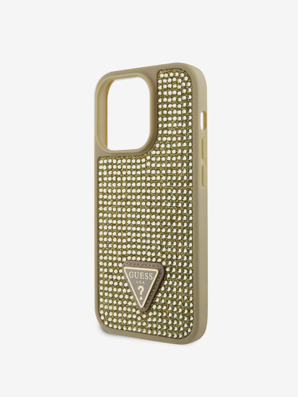 Guess Guess Strasssteinchen Dreieck Metall Logo Hülle für iPhone 15 Pro Gold
