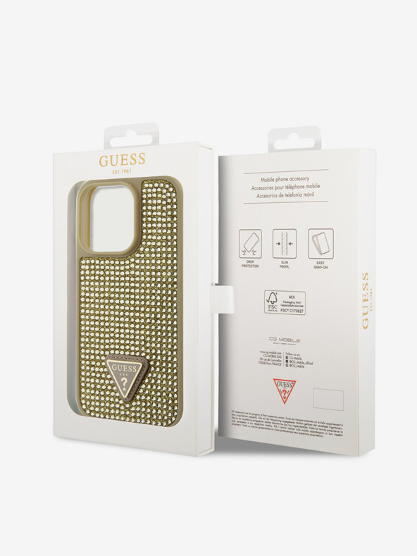 Guess Guess Strasssteinchen Dreieck Metall Logo Hülle für iPhone 15 Pro Gold