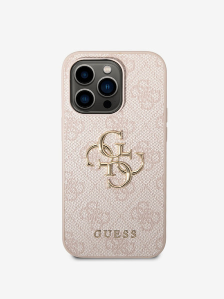 Guess PU 4G Metal Logo Rückseite Hülle für iPhone 14 Pro Rosa Handyhülle