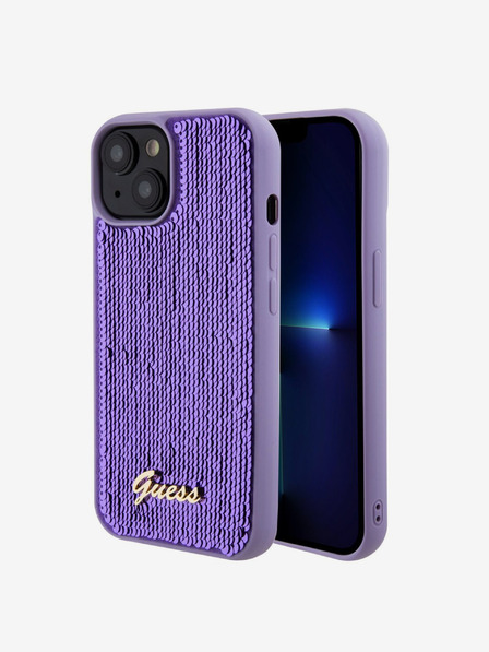 Guess Guess Pailletten-Skript-Logo-Rückseite für iPhone 15 Plus Violett