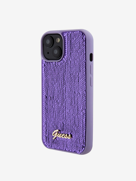 Guess Guess Pailletten-Skript-Logo-Rückseite für iPhone 15 Plus Violett