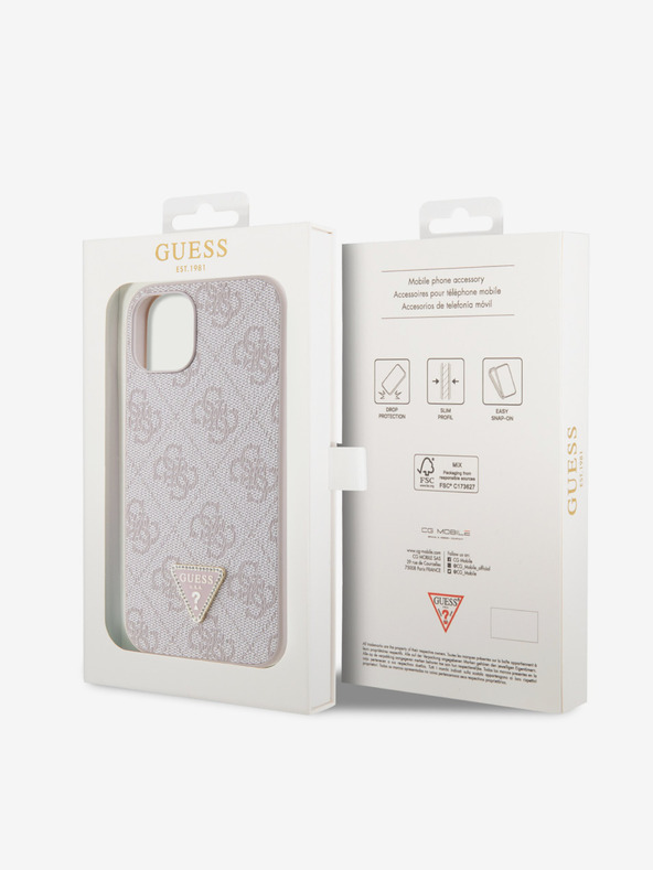 Guess Guess PU 4G Strass Dreieck Metall Logo Schutzhülle für iPhone 15 Pink