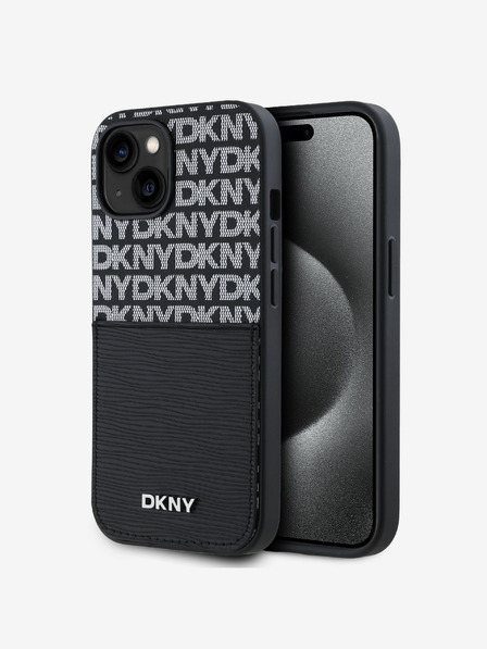 DKNY PU Leder Wiederholungsmuster Kartenfach Rückseite für iPhone 14 Schwarz DKNY