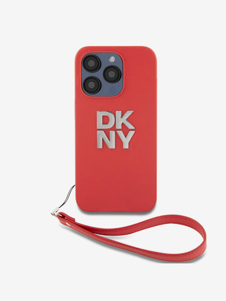 DKNY PU Leather Stack Logo Wrist Strap Back Cover für iPhone 14 Pro Max Rot DKNY