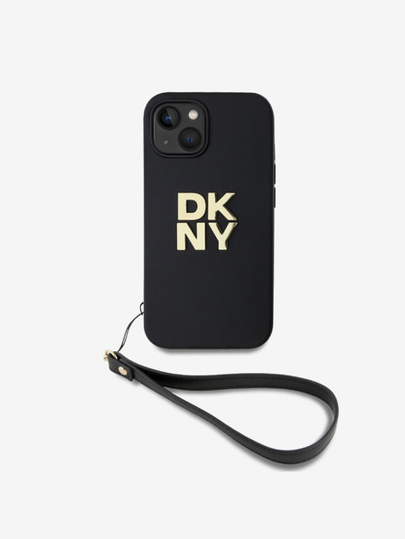 DKNY PU Leather Stack Logo Wrist Strap Back Cover für iPhone 15 Schwarz DKNY