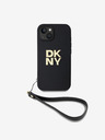 DKNY PU Leather Stack Logo Wrist Strap Back Cover für iPhone 15 Schwarz DKNY