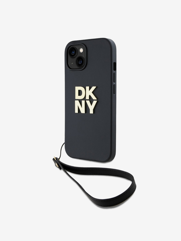DKNY PU Leather Stack Logo Wrist Strap Back Cover für iPhone 15 Schwarz DKNY