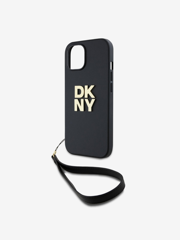 DKNY PU Leather Stack Logo Wrist Strap Back Cover für iPhone 15 Schwarz DKNY