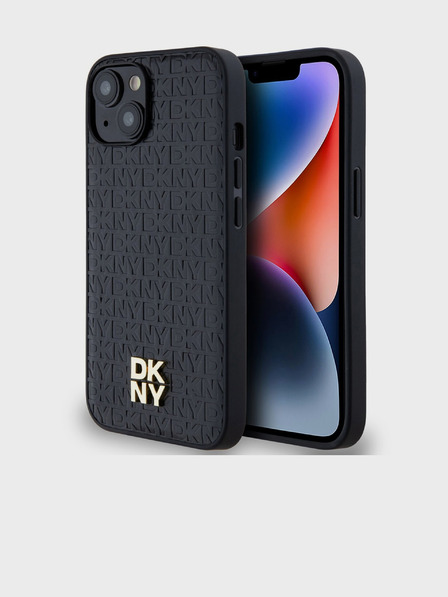 DKNY PU Leder Wiederholungsmuster Stack Logo Magsafe Back Cover für iPhone 15 Schwarz DKNY