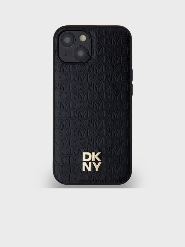 DKNY PU Leder Wiederholungsmuster Stack Logo Magsafe Back Cover für iPhone 15 Schwarz DKNY