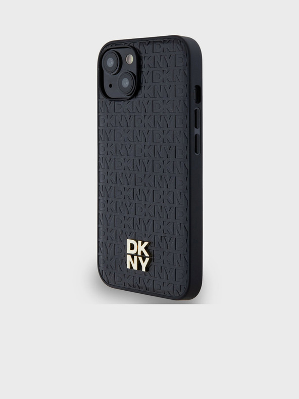 DKNY PU Leder Wiederholungsmuster Stack Logo Magsafe Back Cover für iPhone 15 Schwarz DKNY